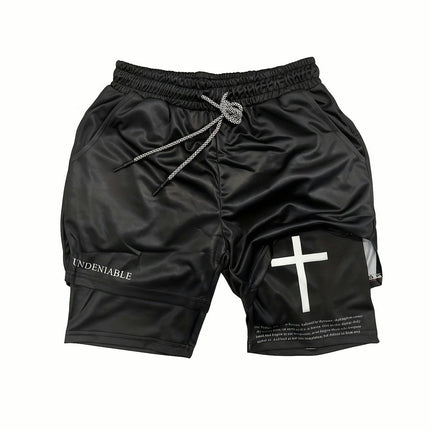 Cross Print Shorts Summer Double Layer Beach Pants Men's 2 In 1 Athletic Gym Shorts
