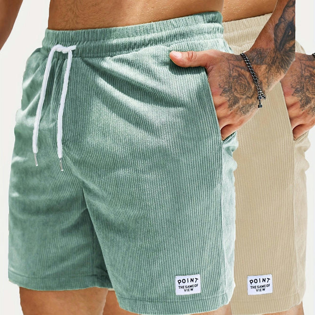 2pcs Men's Solid Color Corduroy Shorts With Drawstring, Casual Clothing For Summer Daily Wear