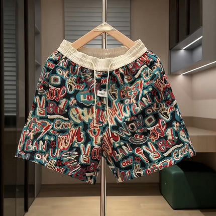 Summer Yarn-dyed Jacquard Letter Graffiti Shorts Men's Couple Shorts Versatile Beach Pants