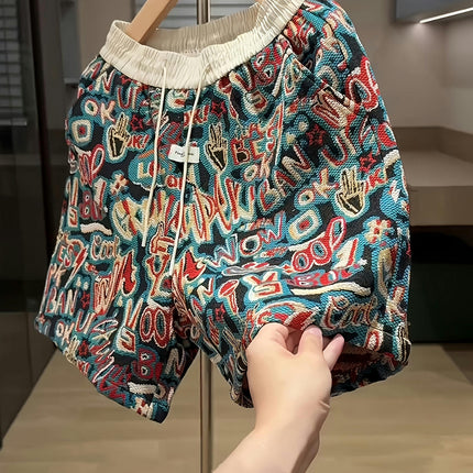 Summer Yarn-dyed Jacquard Letter Graffiti Shorts Men's Couple Shorts Versatile Beach Pants