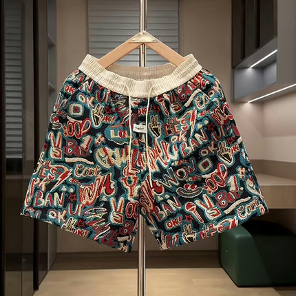 Summer Yarn-dyed Jacquard Letter Graffiti Shorts Men's Couple Shorts Versatile Beach Pants