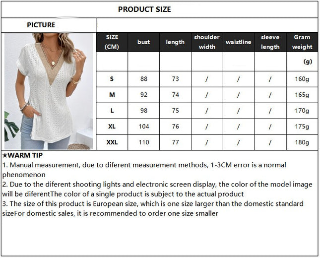 Chic Guipure Lace T-shirt with Split Detail-V-Neck & Rolled Short Sleeves-Womens Casual Wear