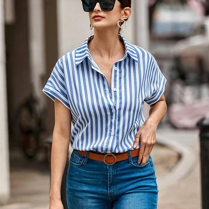 Striped Button-Up Shirt - Breathable Short Sleeve Design for Summer Style, Women's Wear
