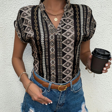 Boho Chic Geometric V-Neck Blouse Versatile Spring-to-Fall Women's Top Comfort Fit