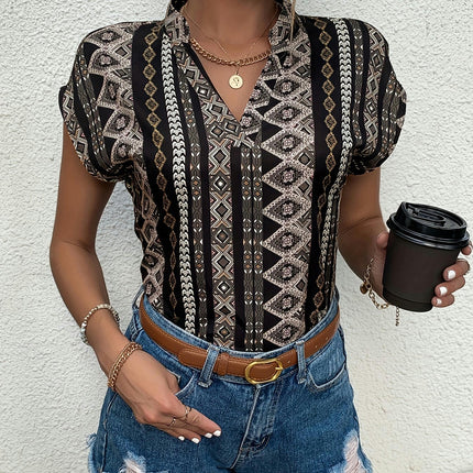 Boho Chic Geometric V-Neck Blouse Versatile Spring-to-Fall Women's Top Comfort Fit