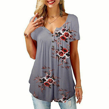 Floral V-Neck Blouse for Women - Casual Short Sleeve Top with Button Detail for Spring/Summer