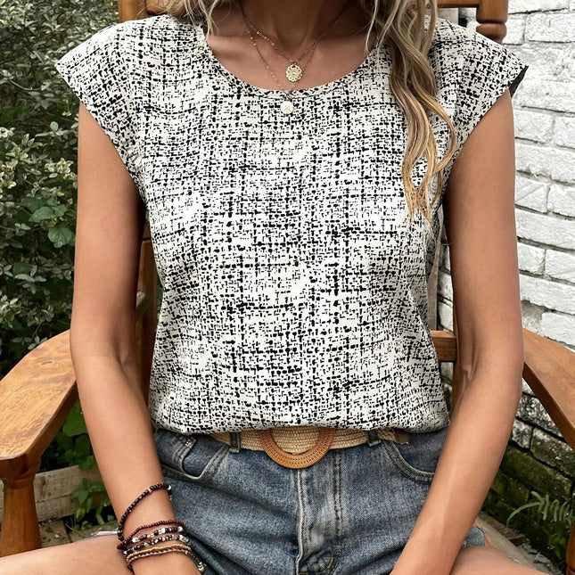 Vintage Crew Neck Blouse with Unique Graphic Print - Batwing Sleeves, Perfect for Spring & Summer
