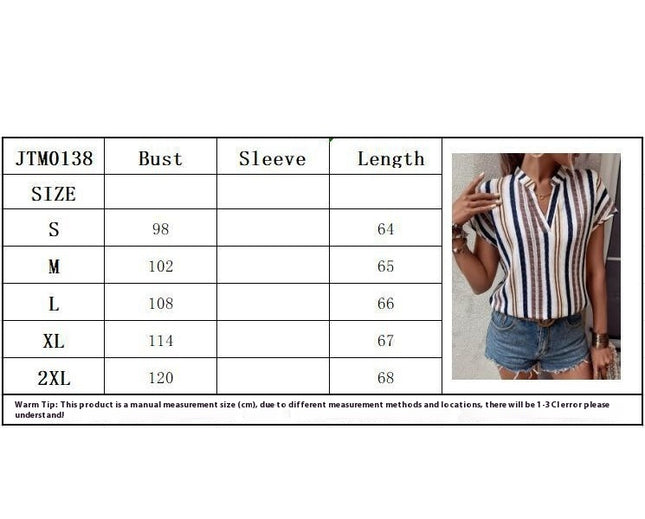 Striped V Neck Blouse, Casual Short Sleeve Top For Spring & Summer, Women's Clothing