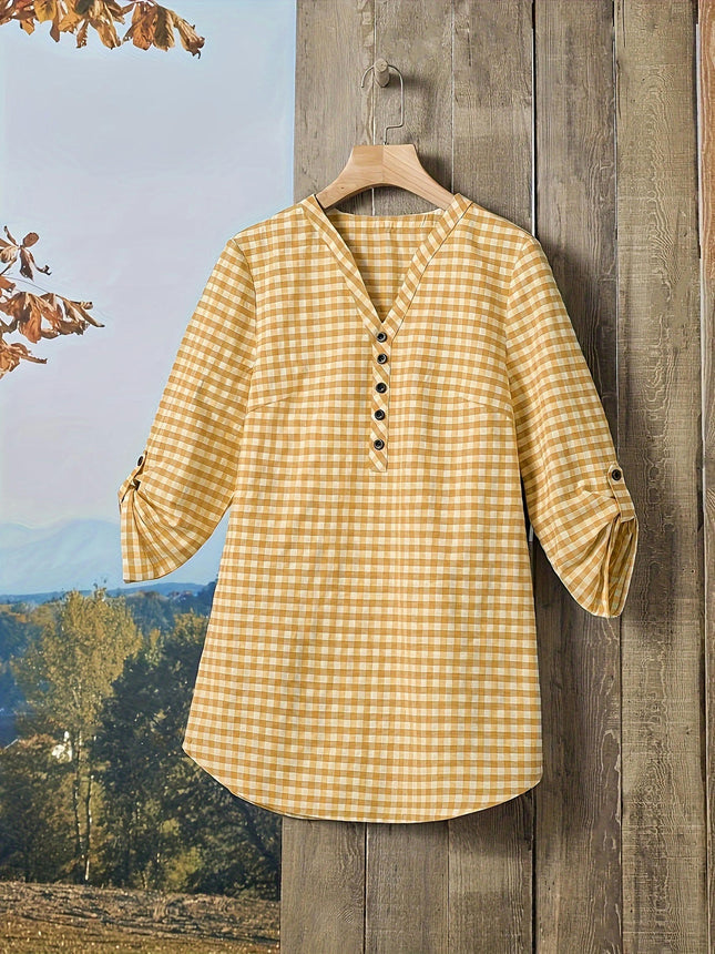 V-Neck 3/4 Sleeve Blouse for Women -Plaid Pattern with Button Details, All-Season Wear