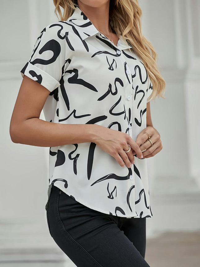 Abstract Print Blouse -Casual Short Sleeve Blouse for Warm Weather Comfort - Perfect for Summer