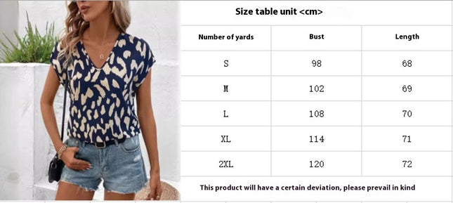Leopard Print V-neck Blouse,Batwing Short Sleeve Blouse For Summer & Spring, Women's Clothing