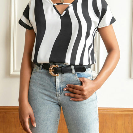 Striped V Neck Blouse, Casual Short Sleeve Blouse For Spring & Summer, Women's Clothing