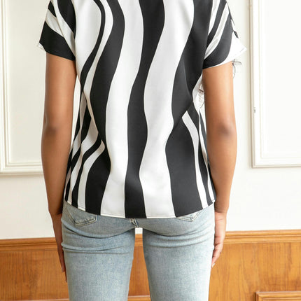 Striped V Neck Blouse, Casual Short Sleeve Blouse For Spring & Summer, Women's Clothing