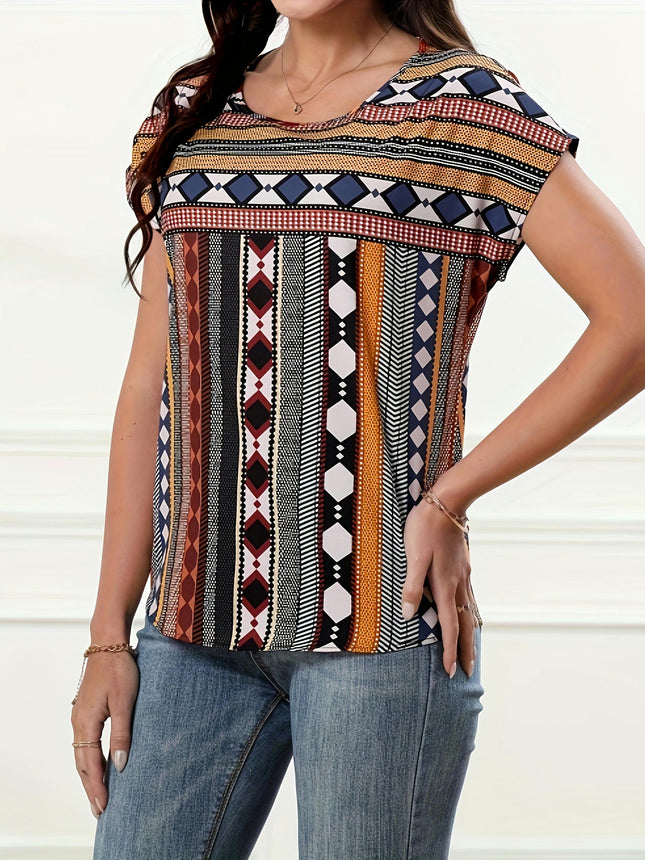 Stripe Print Crew Neck Blouse for Women - Durable, Easy-Care, Perfect for Spring & Summer