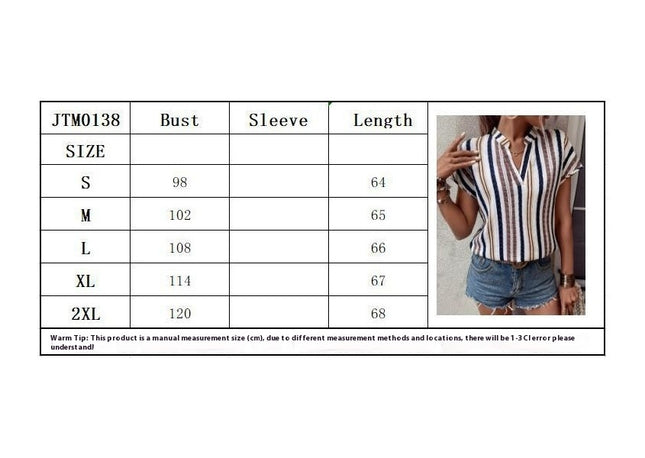 Striped V Neck Blouse, Elegant Short Sleeve Blouse For Spring & Summer, Women's Clothing