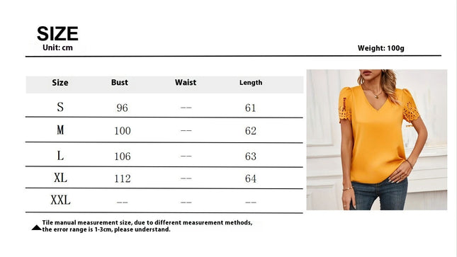 Scallop Trim V Neck Top,Solid Color Short Sleeve Top For Spring & Summer, Women's Clothing