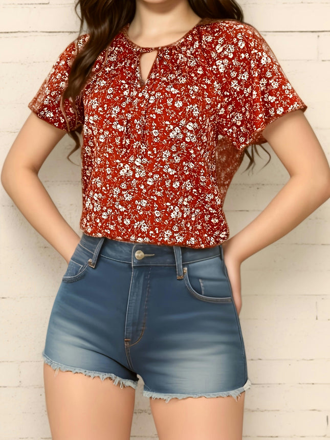 Floral Print Tie-neck Blouse, Casual Short Sleeve Blouse For Spring & Summer, Women's Clothing