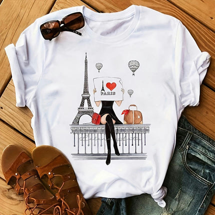 Women's Casual Cotton T-Shirt with Eiffel Tower Print, Crew Neck, Short Sleeve for All Seasons