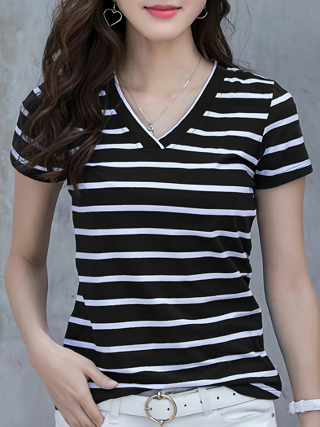 Striped Print V Neck T-shirt, Casual Short Sleeve Top For Spring & Summer, Women's Clothing