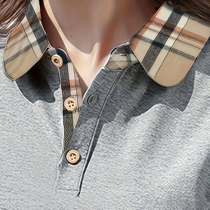 Plaid Print Button Collared T-shirt, Casual Short Sleeve Top For Spring & Summer, Women's Clothing
