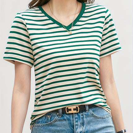 V-Neck Tee - Breezy Striped Pattern, Summer-Ready Short Sleeves, Comfort Fit for Women