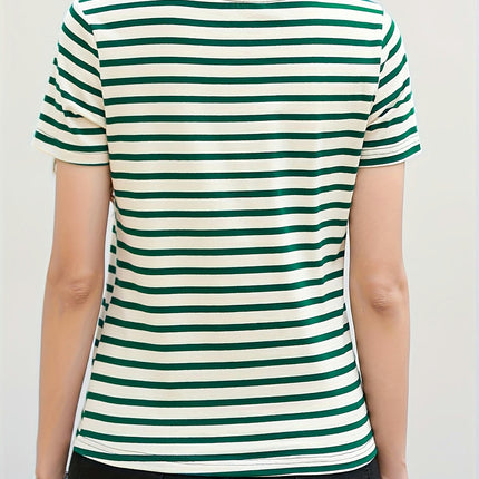 V-Neck Tee - Breezy Striped Pattern, Summer-Ready Short Sleeves, Comfort Fit for Women