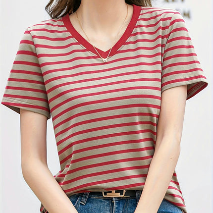 V-Neck Tee - Breezy Striped Pattern, Summer-Ready Short Sleeves, Comfort Fit for Women