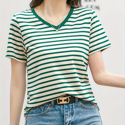 V-Neck Tee - Breezy Striped Pattern, Summer-Ready Short Sleeves, Comfort Fit for Women