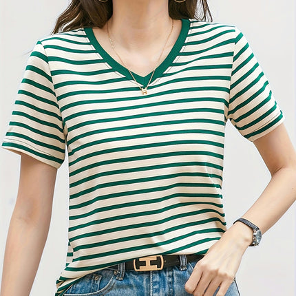 V-Neck Tee - Breezy Striped Pattern, Summer-Ready Short Sleeves, Comfort Fit for Women