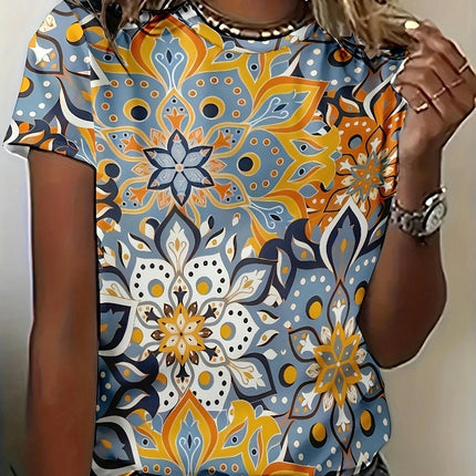 Women's Casual Short Sleeve Floral Print T-Shirt, Comfort Fit, Round Neck, Summer