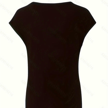Heart Print V Neck T-Shirt, Casual Cap Sleeve T-Shirt For Spring & Summer, Women's Clothing