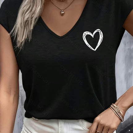 Heart Print V Neck T-Shirt, Casual Cap Sleeve T-Shirt For Spring & Summer, Women's Clothing