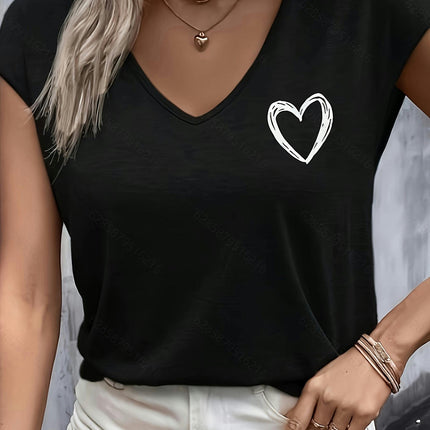 Heart Print V Neck T-Shirt, Casual Cap Sleeve T-Shirt For Spring & Summer, Women's Clothing