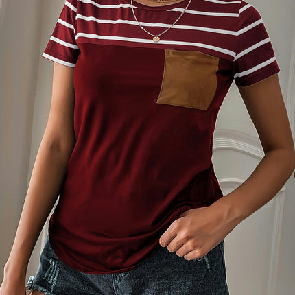 Stripes Print Crew Neck T-shirt, Casual Short Sleeve Top For Spring & Summer, Women's Clothing