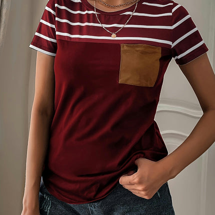 Stripes Print Crew Neck T-shirt, Casual Short Sleeve Top For Spring & Summer, Women's Clothing