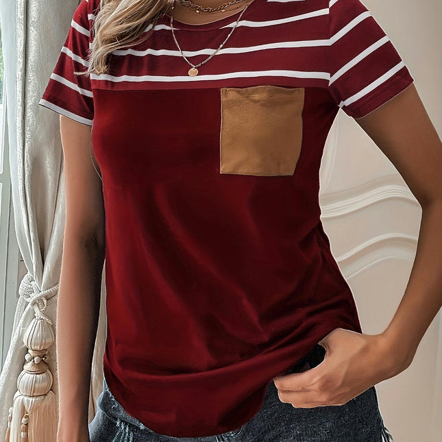 Stripes Print Crew Neck T-shirt, Casual Short Sleeve Top For Spring & Summer, Women's Clothing