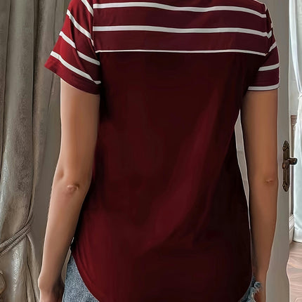 Stripes Print Crew Neck T-shirt, Casual Short Sleeve Top For Spring & Summer, Women's Clothing