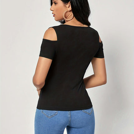 Solid Cold Shoulder T-Shirt, Casual Short Sleeve T-Shirt For Spring & Summer, Women's Clothing