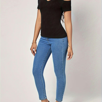 Solid Cold Shoulder T-Shirt, Casual Short Sleeve T-Shirt For Spring & Summer, Women's Clothing
