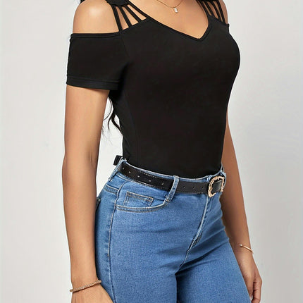 Solid Cold Shoulder T-Shirt, Casual Short Sleeve T-Shirt For Spring & Summer, Women's Clothing