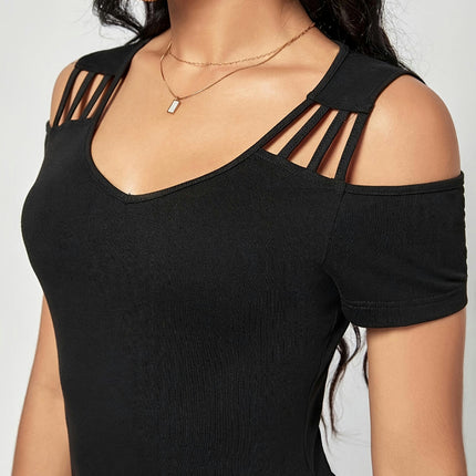 Solid Cold Shoulder T-Shirt, Casual Short Sleeve T-Shirt For Spring & Summer, Women's Clothing