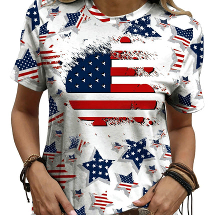 American Flag Print Crew Neck T-Shirt-Breathable, Short Sleeve, Casual Top for Spring & Summer