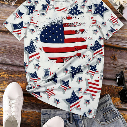 American Flag Print Crew Neck T-Shirt-Breathable, Short Sleeve, Casual Top for Spring & Summer