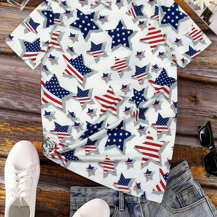 American Flag Print Crew Neck T-Shirt-Breathable, Short Sleeve, Casual Top for Spring & Summer