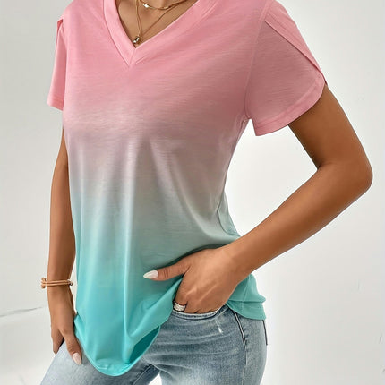 Women's Gradient Petal Sleeve V-Neck T-Shirt, Casual Polyester Knit Top for Summer