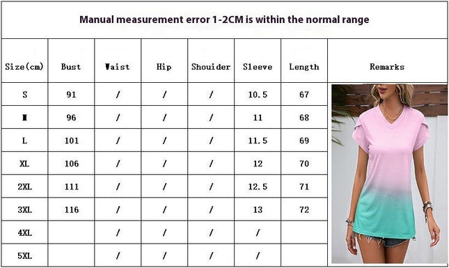Women's Gradient Petal Sleeve V-Neck T-Shirt, Casual Polyester Knit Top for Summer
