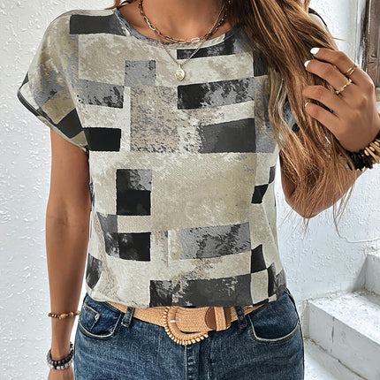 Women's Chic Geometric Print T-Shirt - Casual Crew Neck Ideal for Summer Wear