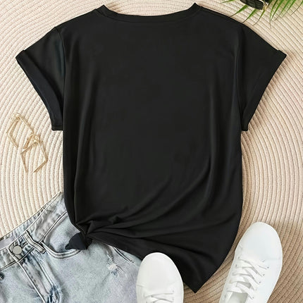 Womens Letter Print Crew Neck T-Shirt - Casual, Comfortable Short Sleeve Top for Spring & Summer