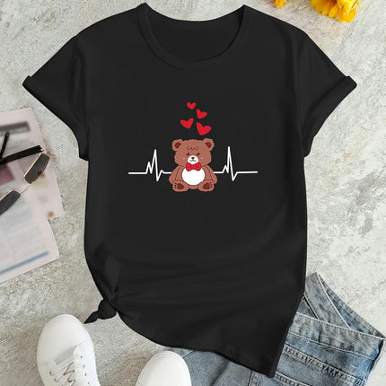 Cartoon Bear Print T-shirt, Short Sleeve Crew Neck Casual Top For Summer & Spring, Women's Clothing