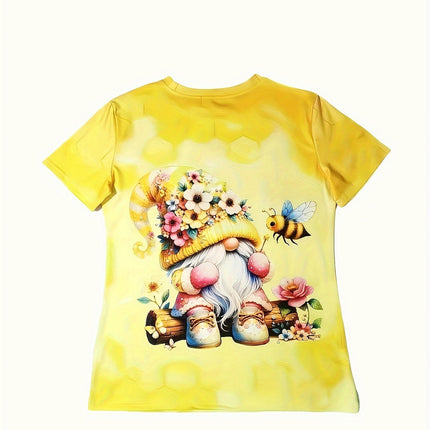 Bee & Floral Gnome T-Shirt for Women - Casual Crew Neck Short Sleeve Top for Spring/Summer/Fall